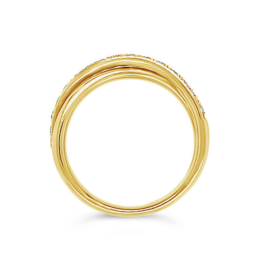 Anillo oro amarillo cruzado y diamantes.