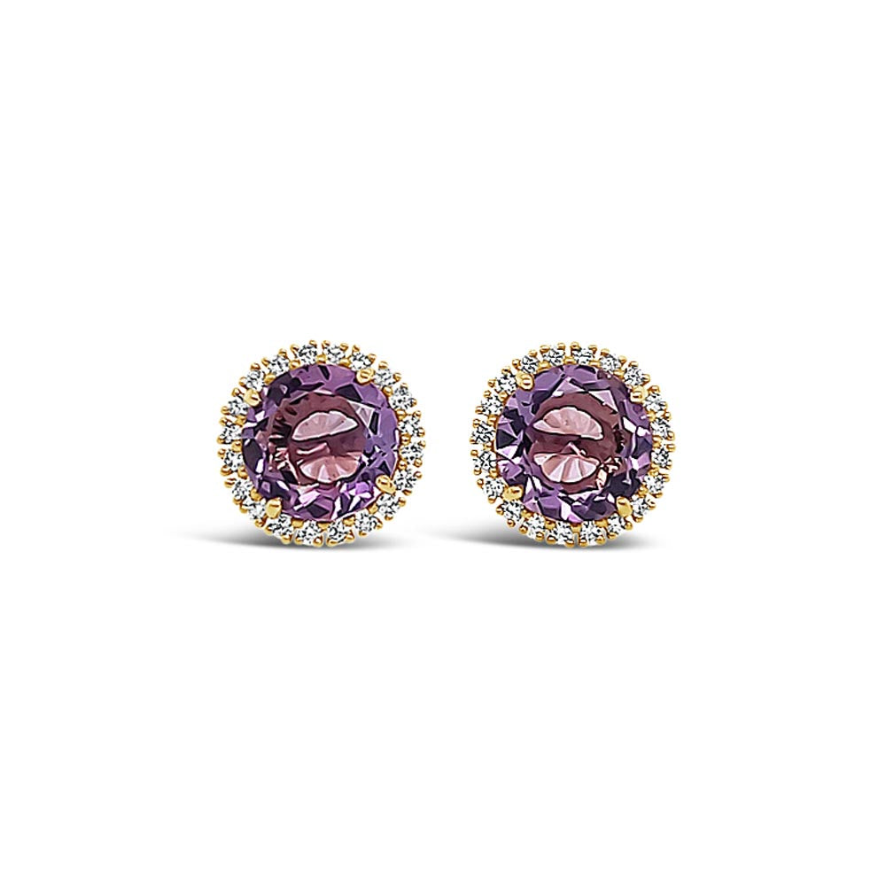 Aros de oro rosa con amatistas y diamantes.