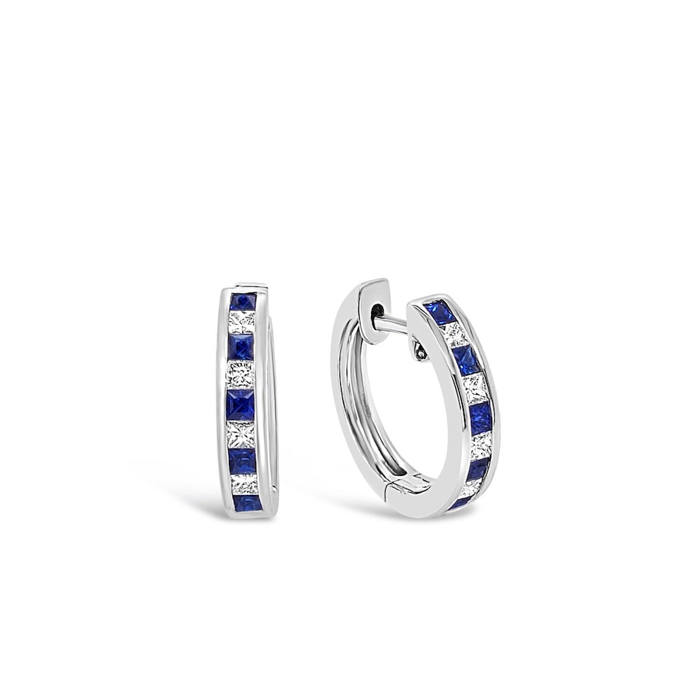 Aros de oro blanco con zafiros y diamantes corte princess